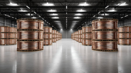 A spacious industrial warehouse features neatly arranged copper wire reels under modern lighting, emphasizing organization and efficiency in a manufacturing environment.の素材