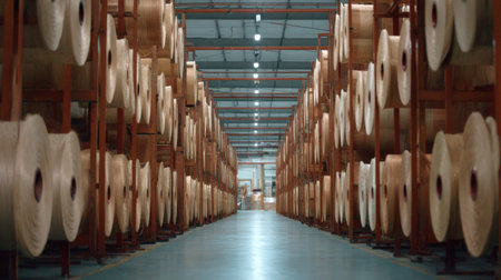 A spacious warehouse interior showcases large rolls of material neatly stacked on shelves, highlighting the organization and efficiency of industrial storage solutions.の素材