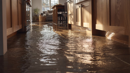 A modern kitchen experiencing severe flooding, with water covering the floor and reflecting light. This scene highlights the urgency of water damage prevention and cleanup.の素材