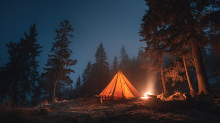 A cozy tent emits a soft orange glow in a tranquil nighttime forest. Tall pines rise around the scene, with a campfire crackling softly in the serene wilderness.の素材