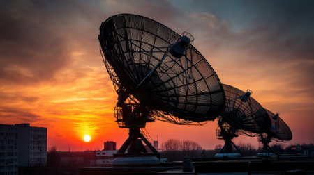 A stunning skyline features large satellite dishes under a vivid sunset, casting elongated shadows. The image beautifully captures the contrast between technology and nature.の素材