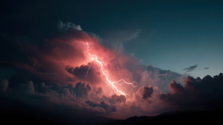 A striking image of lightning illuminating dark storm clouds at dusk, capturing the raw energy and beauty of nature during a powerful thunderstorm.の素材