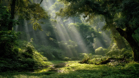 A peaceful forest scene showcasing rays of sunlight filtering through a lush green canopy, illuminating a serene stream, perfect for nature lovers and outdoor enthusiasts.の素材
