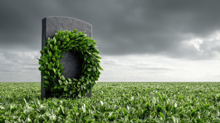 A serene gravestone adorned with a lush green wreath stands amidst vibrant grass under a dramatic sky, evoking themes of remembrance, nature, and tranquility.の素材