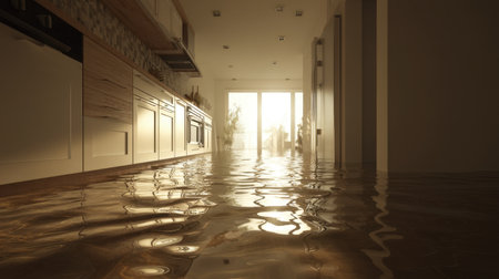 A stunning view of a waterlogged kitchen, showcasing modern design elements flooded with natural light. The calm atmosphere contrasts with the unfortunate flooding situation.の素材