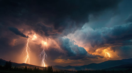 Experience the awe-inspiring power of nature in this stunning image of a thunderstorm weaving its magic over a mountainous landscape. Dark clouds and vivid lightning create a dramatic scene at dusk.の素材