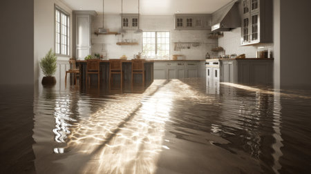 A modern kitchen scene with water flooding the floor, creating reflections and capturing warm sunlight through large windows, offering a serene atmosphere.の素材