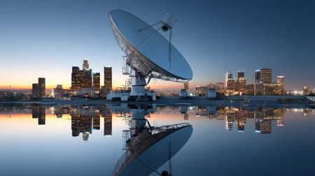 A striking satellite dish stands proudly against a vibrant Los Angeles skyline at dusk. The smooth surface reflects city lights, capturing a perfect blend of technology and urban beauty.の素材