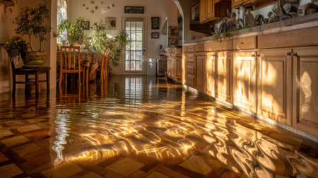 A sunlit kitchen scene shows water covering the floor, creating beautiful reflections. The inviting atmosphere contrasts with the chaotic event of flooding.の素材