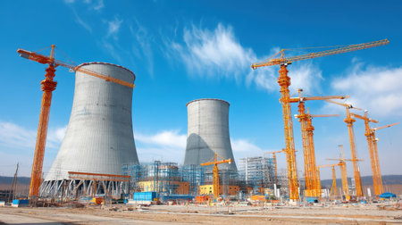 A dynamic construction scene depicting cooling towers of a nuclear power plant, surrounded by cranes and scaffolding. The bright blue sky enhances the industrial atmosphere.の素材
