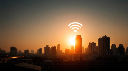 A stunning sunset casts warm tones over a city skyline, highlighted by a wireless signal icon, symbolizing modern connectivity and technology within urban spaces.の素材