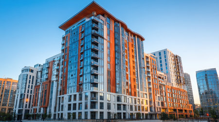 Explore a sleek urban apartment building showcasing modern architecture with vibrant facades. Experience contemporary city living under a clear sky at sunset.の素材