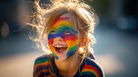 A joyful girl with a colorful rainbow face paint beams with happiness outdoors, capturing the essence of childhood playfulness and creative expression.の素材