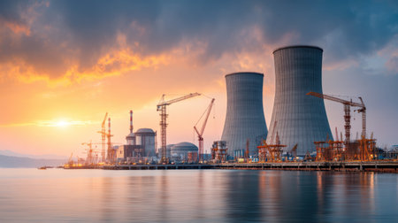 A vibrant industrial scene featuring cooling towers, cranes, and a reflective water surface during sunset. Perfect for themes on power generation and construction.の素材