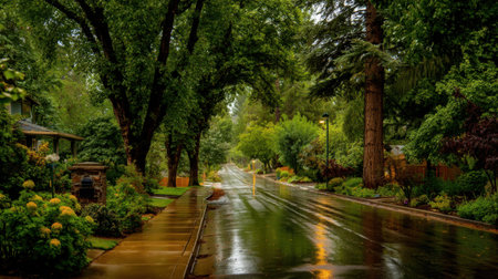 A tranquil street scene captured during a light rain, showcasing lush trees and vibrant flower beds beside a wet pavement, evoking a sense of calm and beauty in nature.の素材