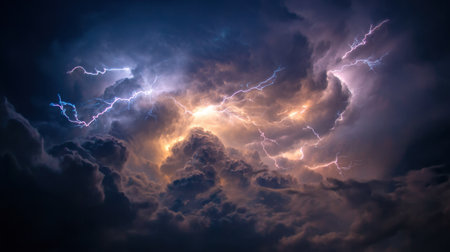 Captivating thunderstorm scene featuring dynamic lightning strikes illuminating dark clouds against a moody night sky, showcasing the raw power and beauty of nature.の素材