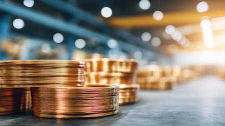 A collection of shiny copper rolls stacked neatly in an industrial warehouse, creating an appealing composition with a soft bokeh background that evokes a sense of production and craftsmanship.の素材
