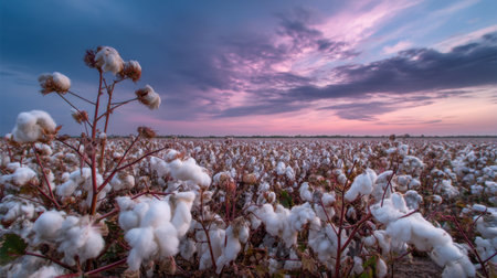 A picturesque cotton field illuminated by a stunning sunset, featuring fluffy cotton blooms against a colorful sky, epitomizing nature's beauty and agricultural tranquility.の素材