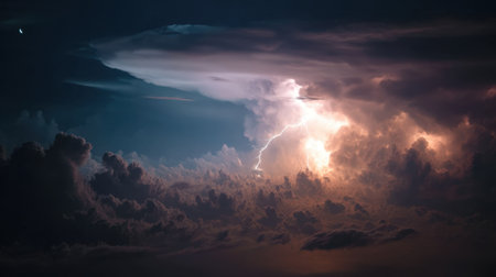 A captivating display of a thunderstorm with striking lightning bolts illuminating the dark clouds while a small crescent moon shines in the background, creating a stunning atmosphere.の素材