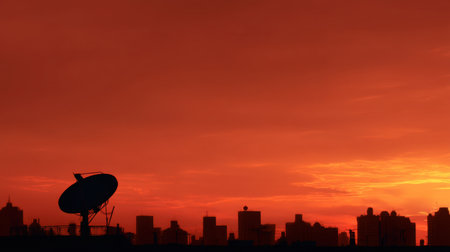 A stunning sunset skyline silhouette features a satellite dish against a striking orange sky, capturing the beauty of urban landscapes during golden hour.の素材