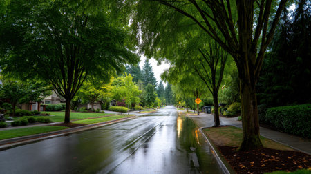A tranquil scene of a quiet suburban street after rain, featuring lush green trees, wet pavement, and a serene atmosphere, perfect for conveying peace and relaxation.の素材