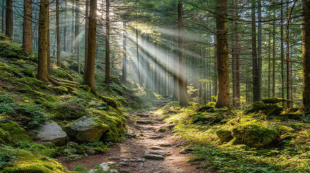 A beautiful forest scene showing a winding path illuminated by sunlight, creating a peaceful atmosphere with lush greenery and a touch of mist, perfect for nature lovers.の素材