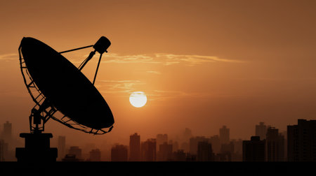 A stunning silhouette of a large satellite dish is set against a colorful sunset, creating a striking scene with an urban skyline and modern buildings in the background.の素材