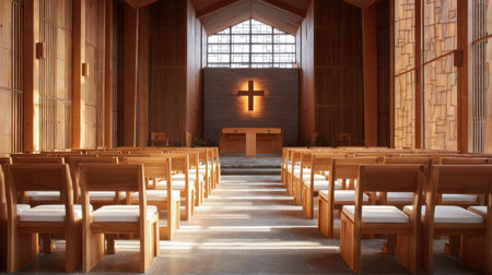 This image captures the tranquil interior of a modern church featuring wooden architecture, ample sunlight, and a serene atmosphere, perfect for reflection and worship.の素材