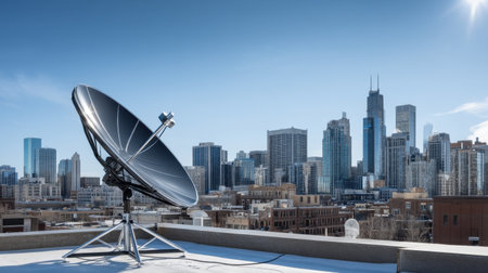 A sleek satellite dish mounted on a rooftop, providing a stunning view of an urban skyline featuring modern buildings under a clear blue sky, representing technology.の素材