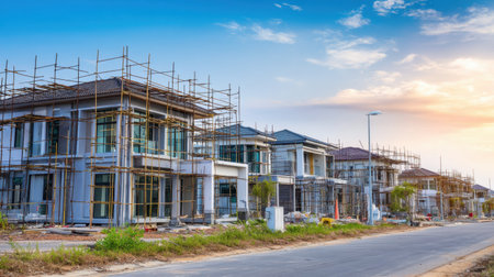 This image shows a vibrant construction site featuring modern residential homes in progress, showcasing scaffolding, construction equipment, and a beautiful sky.の素材