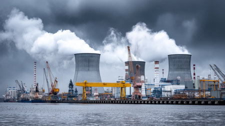 An industrial port scene featuring cooling towers and cranes against a dramatic cloudy sky. Smoke rises from power plant equipment, highlighting energy production and transport.の素材