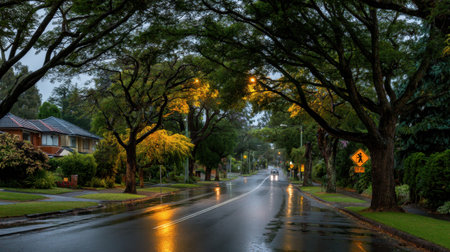 A quiet suburban street illuminated by soft light beneath lush green trees. The wet road reflects the trees and sky, creating a tranquil evening atmosphere.の素材