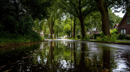 A tranquil view of an urban street after rainfall, showcasing lush green trees and a puddle reflecting the serene neighborhood atmosphere. Perfect for nature themes.の素材