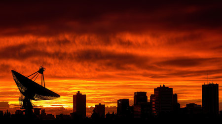 A stunning silhouette of a satellite dish against a vibrant sunset skyline showcasing rich hues of orange and purple, highlighting urban beauty and technology interaction.の素材