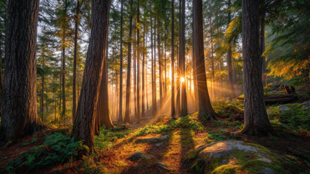 A breathtaking forest scene capturing the essence of nature at sunrise, as warm sunlight streams through tall trees, casting beautiful rays of light onto the serene forest floor.の素材