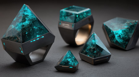 Discover stunning geometric rings with luminous aqua resin and sleek dark metal. Perfect for modern fashion enthusiasts, these pieces blend artistry and elegance.の素材