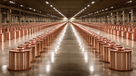 This image showcases a striking arrangement of copper coils in an industrial setting, highlighting symmetry and reflections on the polished concrete floor under bright lights.の素材