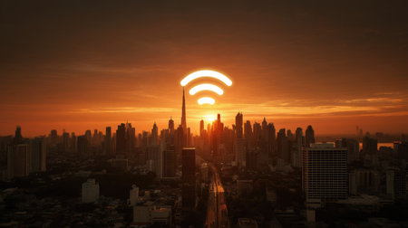 Breathtaking view of a sunset illuminating the urban skyline with a symbolic connectivity icon, showcasing the essence of modern communication and technology.の素材