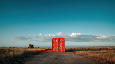A striking orange shipping container stands on a dirt road, contrasting beautifully with the expansive landscape and vibrant blue sky, evoking feelings of isolation and tranquility.の素材