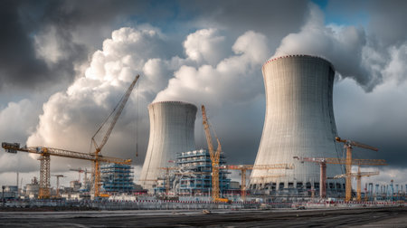 A dynamic view of a nuclear power plant under construction featuring cooling towers, cranes, and dramatic cloud formations, highlighting modern energy development.の素材