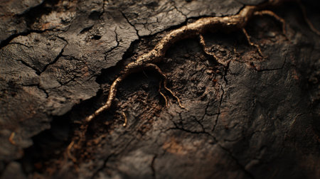A close-up shot of dry, cracked soil with new plant roots beginning to grow, symbolizing hope, resilience, and environmental renewal.の素材