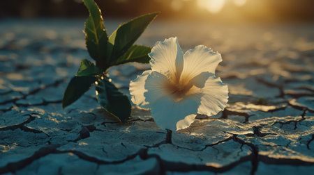 A single flower grows in the middle of dry, cracked terrain, a symbol of hope and nature's ability to thrive in challenging environments.の素材