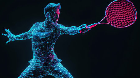 Abstract badminton scene with intense neon glow, racket swing captured in motion lines, shadow highlights, and vibrant colors. Black background creates a dynamic contrast.の素材