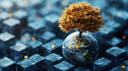 A conceptual 3D illustration of a globe with a tree and golden leaves, surrounded by blue cubes, symbolizing environmental themes and sustainability.の素材