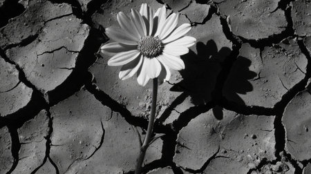 A single flower blooming in the middle of dry, cracked earth, symbolizing hope and resilience against adversity.の素材