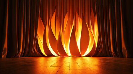 A golden carpet stretches towards a grand stage, with curtains opening to reveal a spotlighted centerpiece, glowing in realistic lighting.の素材