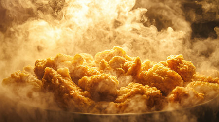 Golden crispy fried chicken piled high in a bucket, steaming hot, and deliciously appetizing, perfect for food promotions.の素材