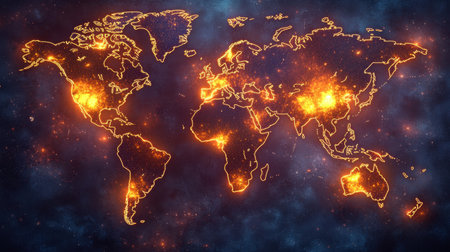 Neon-lit world political map with vibrant trade routes linking continents, showcasing global commerce and the interconnected nature of the world.の素材