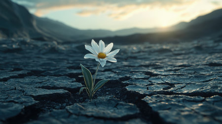 A solitary flower emerging from dry, cracked soil, symbolizing perseverance and the power of life in the harshest conditions.の素材
