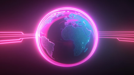 Futuristic 3D Earth with glowing neon lines representing global data transfer, showcasing the interconnected world of modern communication.の素材
